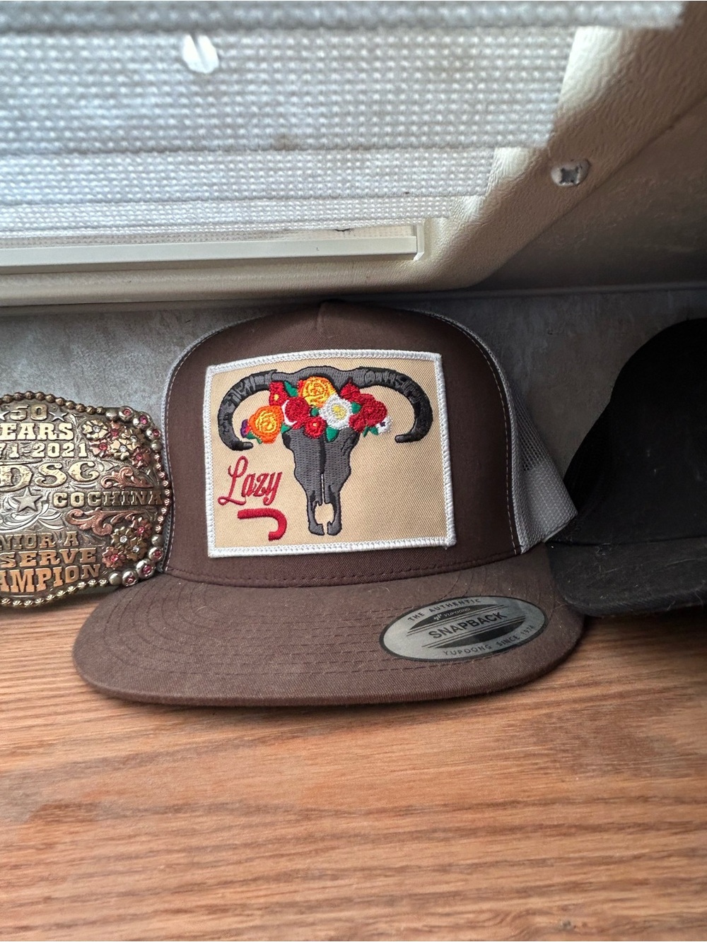 Lazy Patch Brown Snapback Hat with Floral Skull Design